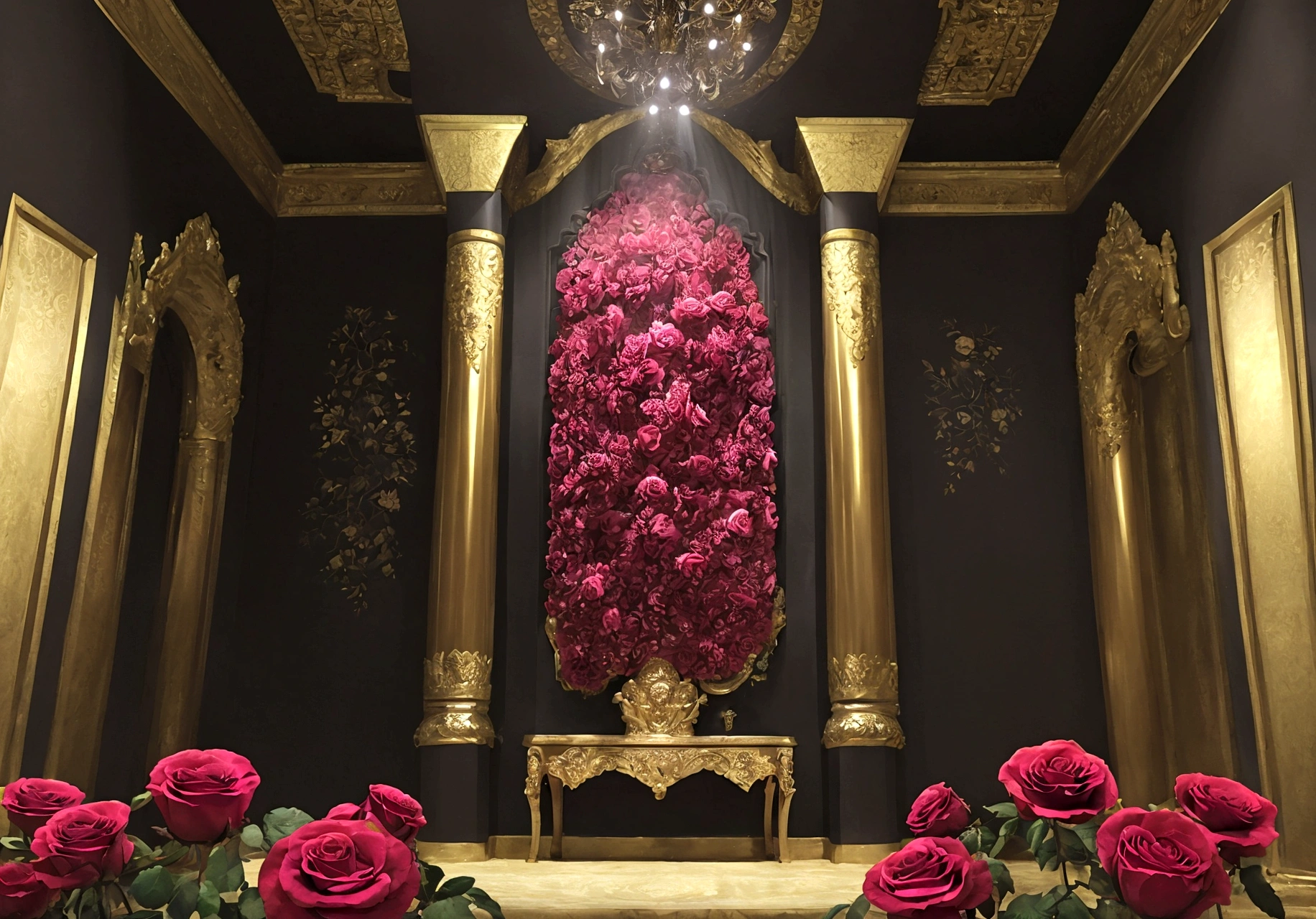 a luxurious palace interior, intricate wall decor, a cabinet, rose flowers, frontal view, eye-level angle, close-up, full front wall visible, hyperrealistic, cinematic lighting, ultra high definition, best quality, extremely detailed, high resolution