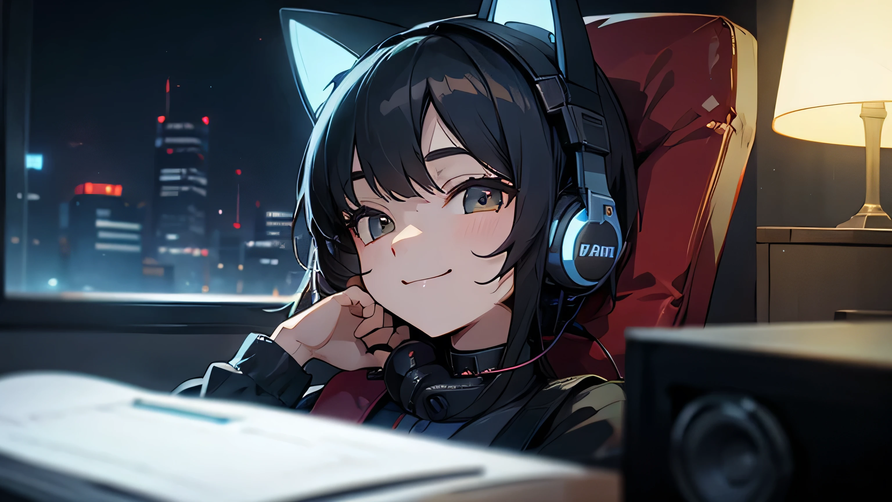 Room with speakers、Cat with headphones、Face close-up、night、Black Hair、smile、Sitting in a chair