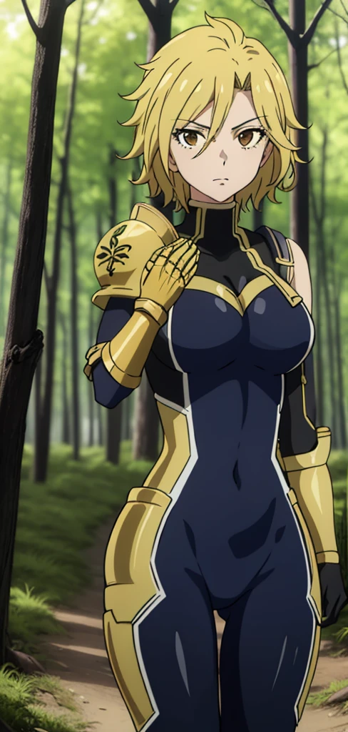 masterpiece, best quality, 1girl, solo  dimaria yesta, blue , long sleeves, armor, single gauntlet, gloves, dynamic pose, looking at viewer, forest, field,((cowboy_shot))