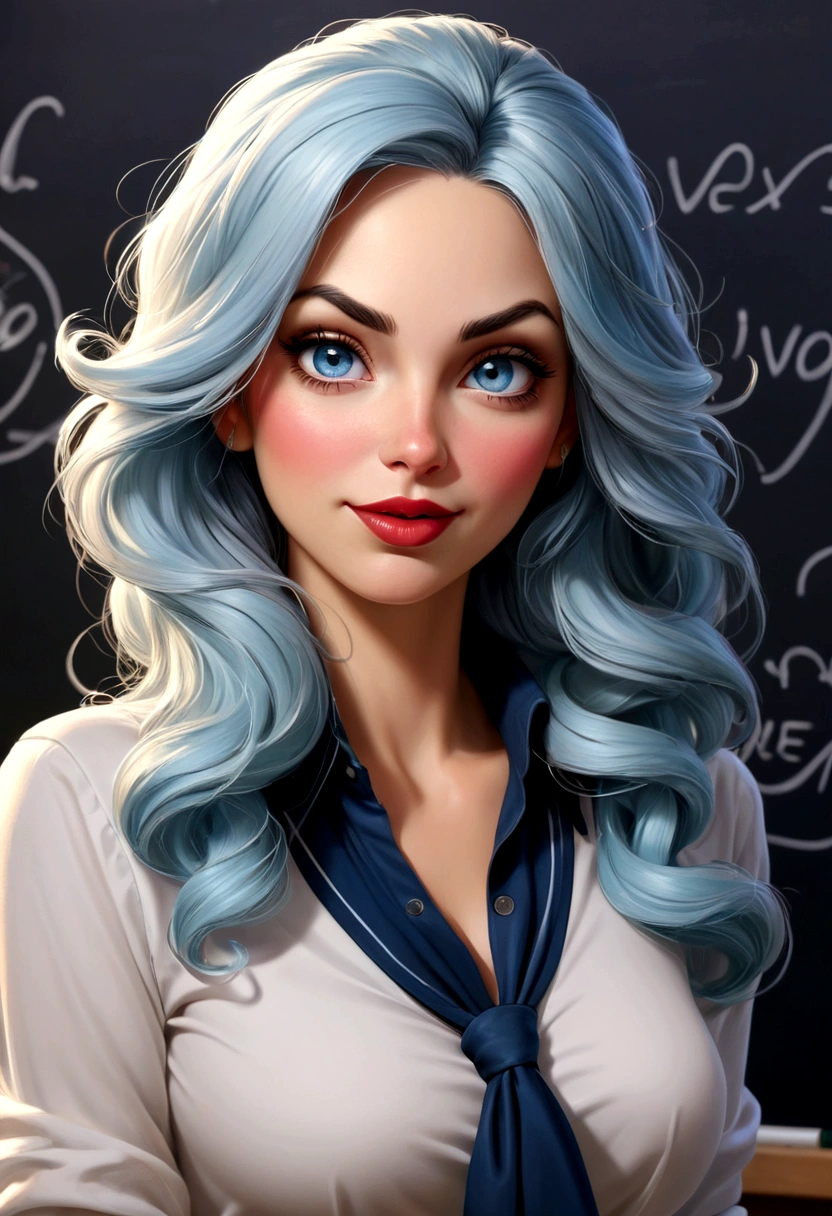 Masterpiece, raw,  beautiful art, professional artist, 8k, art style by sciamano240, very detailed face, very detailed hair, 1 mature woman, perfectly drawn body, beautiful face, long hair, light blue hair , very detailed blue eyes, pouty lips , rosey cheeks, intricate details in eyes, playful smile, looking directly at viewer , in love with viewer expression, wedding ring , lipstick, very close up on face, sunny fall day, teaching in class, wearing sexy teacher clothes, classroom, shirt, pencil skirt, thigh boots, standing in front of black board, 