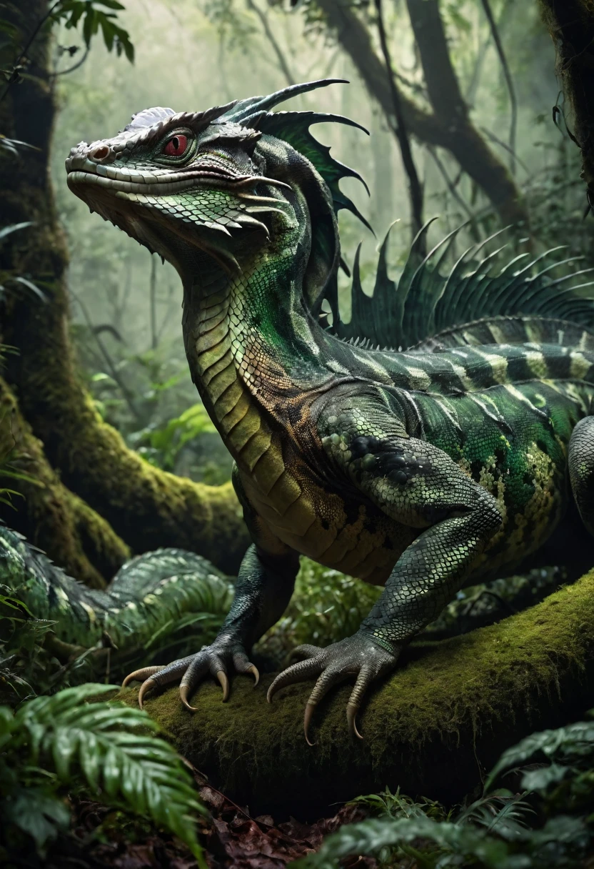 The evil biggest Basilisk emerges from the deep forest, background Abyssal Forest, in the forest. perfect anatomy, masterpiece, best quality, 16k, beautiful detailed sandstorm, daydreaming expression.