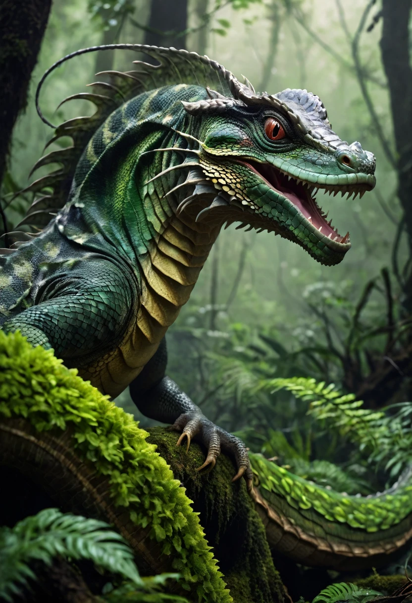 The evil biggest Basilisk emerges from the deep forest, background Abyssal Forest, in the forest. perfect anatomy, masterpiece, best quality, 16k, beautiful detailed sandstorm, daydreaming expression.