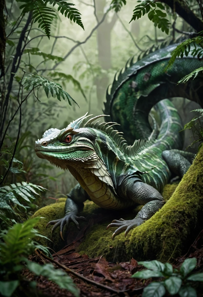 The evil biggest Basilisk emerges from the deep forest, background Abyssal Forest, in the forest. perfect anatomy, masterpiece, best quality, 16k, beautiful detailed sandstorm, daydreaming expression.