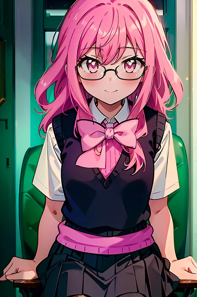 {{masterpiece}},{{Highest quality}},{{High resolution}},{{Caustics}},{{Familiar}},blush,
smile,Louise Françoise Le Brun de La Valliere,Akabuchi Glasses Pink Hair,Pink Eyes, 黒break skirt, shirt, bow, ribbon, , white shirt, Short sleeve, Pleated skirt, collared shirt, mini skirt, bowtie, 黒いloafers , Black Skirt, Black pantyhose, loafers, green bow, (pink sweater vest:1.5),,classroom,Sit on a chair,whole body,(Cowboy Shot:1. 5),break (masterpiece:1.2), Highest quality, High resolution, unity 8k wallpaper, (shape:0.8), (Fine and beautiful eyes:1.6), Highly detailed face, Perfect lighting, Highly detailed CG, (Perfect hands, Perfect Anatomy),