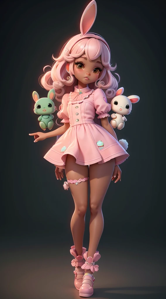 Create a series of cute black afro dolls chibi style afro skin baby style with a cute cyberpunk theme, each with lots of detail and in an 8K resolution. All dolls should follow the same solid background pattern and be complete in the image, showing o (integer body, including legs: 1.5) Bunny details. Robotic limbs. She should have wavy and straight hair. Their eyes must be large and curious, with long eyelashes and slightly pinkish cheeks. She must secure bunnies. Add details like pockets and ruffles to the outfit to make it even more charming, pretty and delicate shoe. Be sure to add shadows, textures and details to our hair, clothes, beautiful and mechanical accessories, to make them even more adorable and charming. Use the color pink white green yellow and orange.