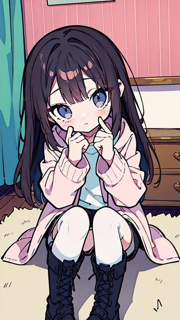 brunette girl,,Eyes are light pink,Wearing white clothes, light pink jacket and black shorts,White knee socks,Black leather boots,Sitting on the carpet,In a childlike room,HD,Fine fingers,masterpiece