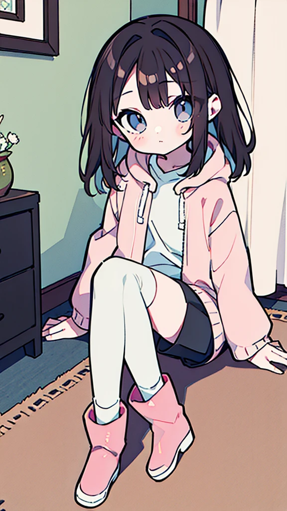 brunette girl，Six years old，Eyes are light pink，Wearing white clothes, light pink jacket and black shorts，White knee socks，Black leather boots，Sitting on the carpet，In a childlike room，HD，Fine fingers，masterpiece