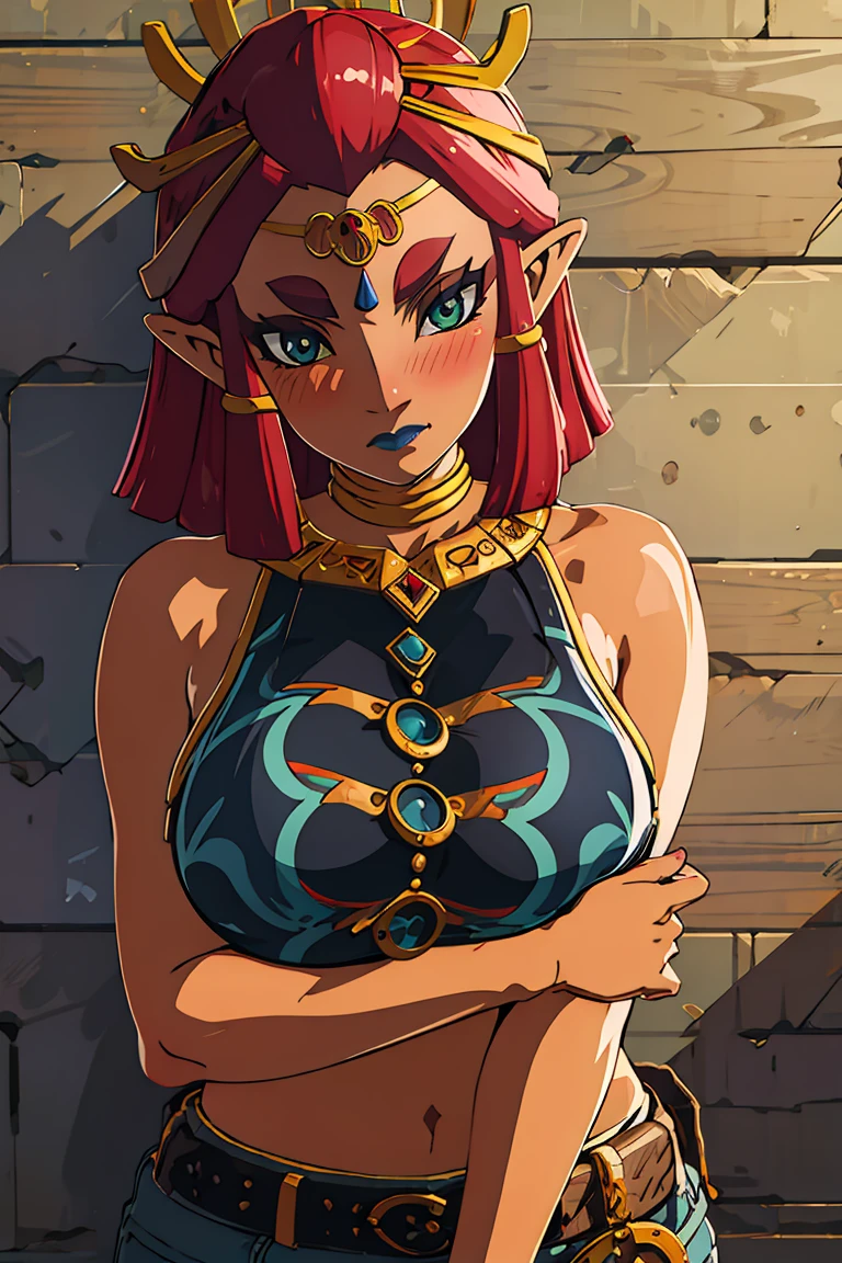 best quality, high resolution, large breasts, red hair, blush, embarrassed, cowboy shot, looking at viewer, Riju, blue lip,
