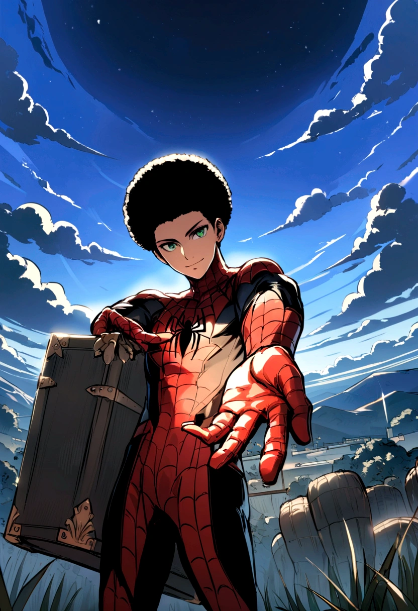 Miles Morales trunk, standing alone, boy, might, pretentious smile,, gazing at viewer, black afro hair, greeneyes, spider man suit, pampas scenery Rio Grande do Sul, blue sky, thousands of morals, chimarão in his hand,ps5 in the scene 