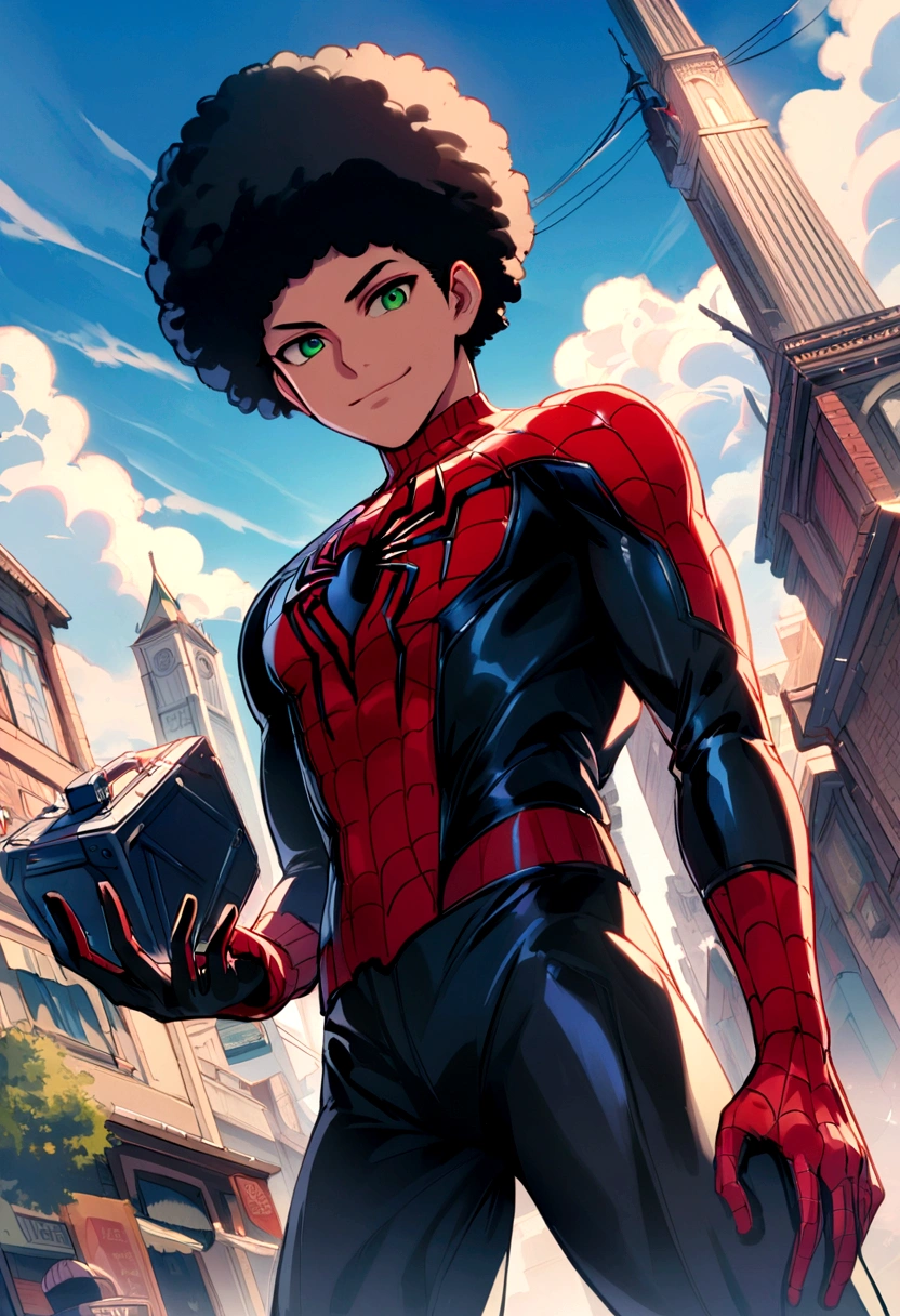 Miles Morales trunk, standing alone, boy, might, pretentious smile,, gazing at viewer, black afro hair, greeneyes, spider man suit, pampas scenery Rio Grande do Sul, blue sky, thousands of morals, chimarão in his hand,ps5 in the scene 