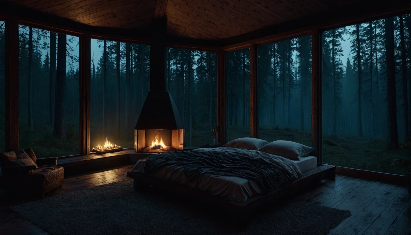 
dimly lit bedroom with fireplace and wood burning bed, large windows to the forest at night, beautiful and cinematic lighting, cozy place, cryengine render 8 k, cabin in the forest, minimalist pyramid room shape, pyramid glass, very forest background dark, lots of column windows, dark, pillows and blankets, large windows, minimalist windows, lots of boxes, minimalist windows facing the forest, quiet night. the picture is original, rainy night. original rendering, stunning, rainy night, gloomy, dark gloomy cinematic lighting, atmosphere, landscape, vast forest, moody, dramatic lighting. cinematic, cinematic, atmospheric shots, gloomy weather. hyperrealistic, atmospheric rendering, rainy night, huge gloomy forest, cinematic,
