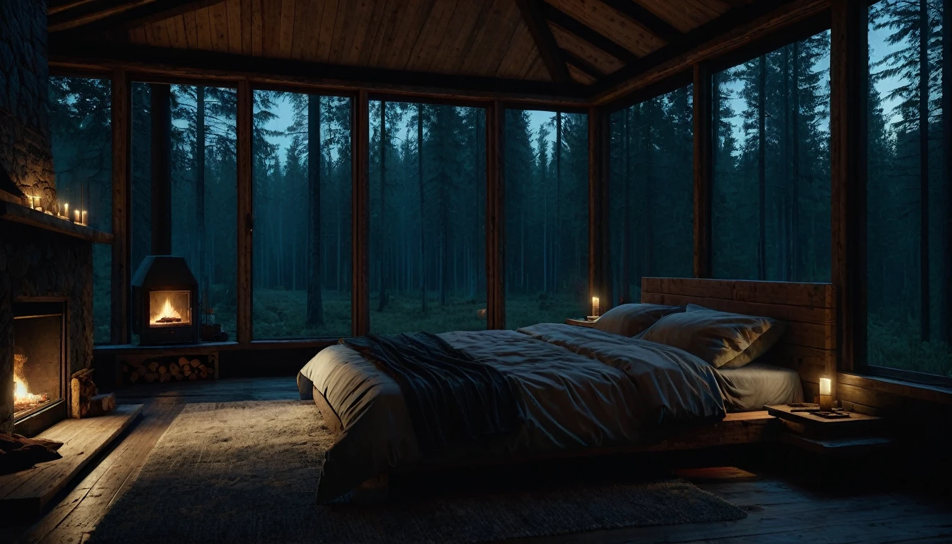 
dimly lit bedroom with fireplace and wood burning bed, large windows to the forest at night, beautiful and cinematic lighting, cozy place, cryengine render 8 k, cabin in the forest, minimalist pyramid room shape, pyramid glass, very forest background dark, lots of column windows, dark, pillows and blankets, large windows, minimalist windows, lots of boxes, minimalist windows facing the forest, quiet night. the picture is original, rainy night. original rendering, stunning, rainy night, gloomy, dark gloomy cinematic lighting, atmosphere, landscape, vast forest, moody, dramatic lighting. cinematic, cinematic, atmospheric shots, gloomy weather. hyperrealistic, atmospheric rendering, rainy night, huge gloomy forest, cinematic,