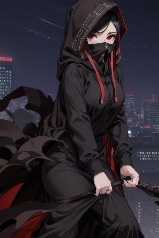 NNAssassinFSF, 1girl, solo, median breasts, black hair, red eyes, long sleeves, dress, hood, long skirt, black dress, cape, black cloak, hood up, black robe, covered mouth, hooded cloak, ((masterpiece,best quality)) city, night
