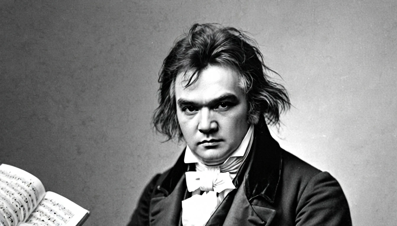Beethoven is conducting vigorously., Beethoven's "Moonlight Sonata" 3rd movement. Intense arpeggios and rapid passages captivate the listener, evoking deep emotions. It portrays the dramatic landscape illuminated by the moonlight in the night sky, offering a breathtaking musical experience.