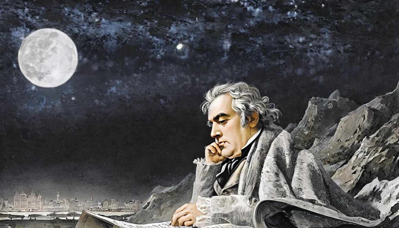 Beethoven is conducting vigorously., Beethoven's "Moonlight Sonata" 3rd movement. Intense arpeggios and rapid passages captivate the listener, evoking deep emotions. It portrays the dramatic landscape illuminated by the moonlight in the night sky, offering a breathtaking musical experience.