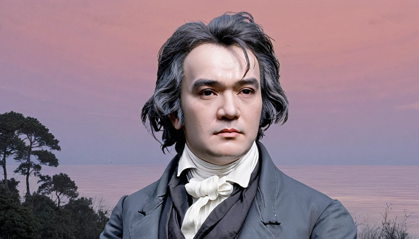 Beethoven is conducting vigorously., Beethoven's "Moonlight Sonata" 3rd movement. Intense arpeggios and rapid passages captivate the listener, evoking deep emotions. It portrays the dramatic landscape illuminated by the moonlight in the night sky, offering a breathtaking musical experience.