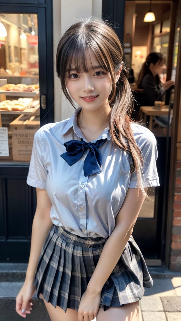 (masterpiece:1.3, top-quality, ultra high res, ultra detailed), (realistic, photorealistic:1.4), beautiful illustration, perfect lighting, natural lighting, colorful, depth of fields, ,
beautiful detailed hair, beautiful detailed face, beautiful detailed eyes, beautiful clavicle, beautiful body, beautiful chest, beautiful thigh, beautiful legs, beautiful fingers, shiny skin,
looking at viewer, 1 girl, high school girl, (perfect anatomy, anatomically correct, super detailed skin), cute and symmetrical face, babyface, perfect face, perfect eyes, ,
(middle hair, ponytail, sideburns, silver hair), crossed bangs, blue eyes, slant eyes, big eyes, long eye lasher, (medium breasts, seductive thighs), slender, skin dendation,
detailed cloth texture, light blue collared shirt, blue bow tie, grey plaid pleated skirt:1.2, black hair chouchou,
(beautiful scenery), summer, evening, (downtown, creperie shop), walking, (eatting crepe), (happy smile, upper eyes, open mouth small),