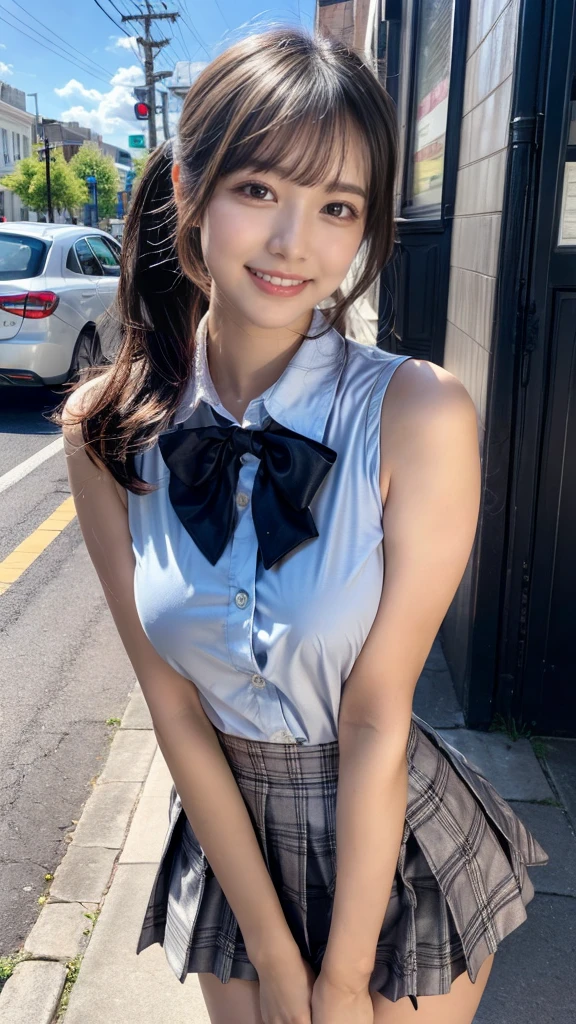 (masterpiece:1.3, top-quality, ultra high res, ultra detailed), (realistic, photorealistic:1.4), beautiful illustration, perfect lighting, natural lighting, colorful, depth of fields, ,
beautiful detailed hair, beautiful detailed face, beautiful detailed eyes, beautiful clavicle, beautiful body, beautiful chest, beautiful thigh, beautiful legs, beautiful fingers, shiny skin, 
looking at viewer, 1 girl, high school girl, (perfect anatomy, anatomically correct, super detailed skin), cute and symmetrical face, babyface, perfect face, perfect eyes, , 
(middle hair, ponytail, sideburns, silver hair), crossed bangs, blue eyes, slant eyes, big eyes, long eye lasher, (medium breasts, seductive thighs), slender, skin dendation, 
detailed cloth texture, light blue collared shirt, blue bow tie, grey plaid pleated skirt:1.2, black hair chouchou,
(beautiful scenery), summer, evening, (downtown, creperie shop), walking, (eatting crepe), (happy smile, upper eyes, open mouth small), 