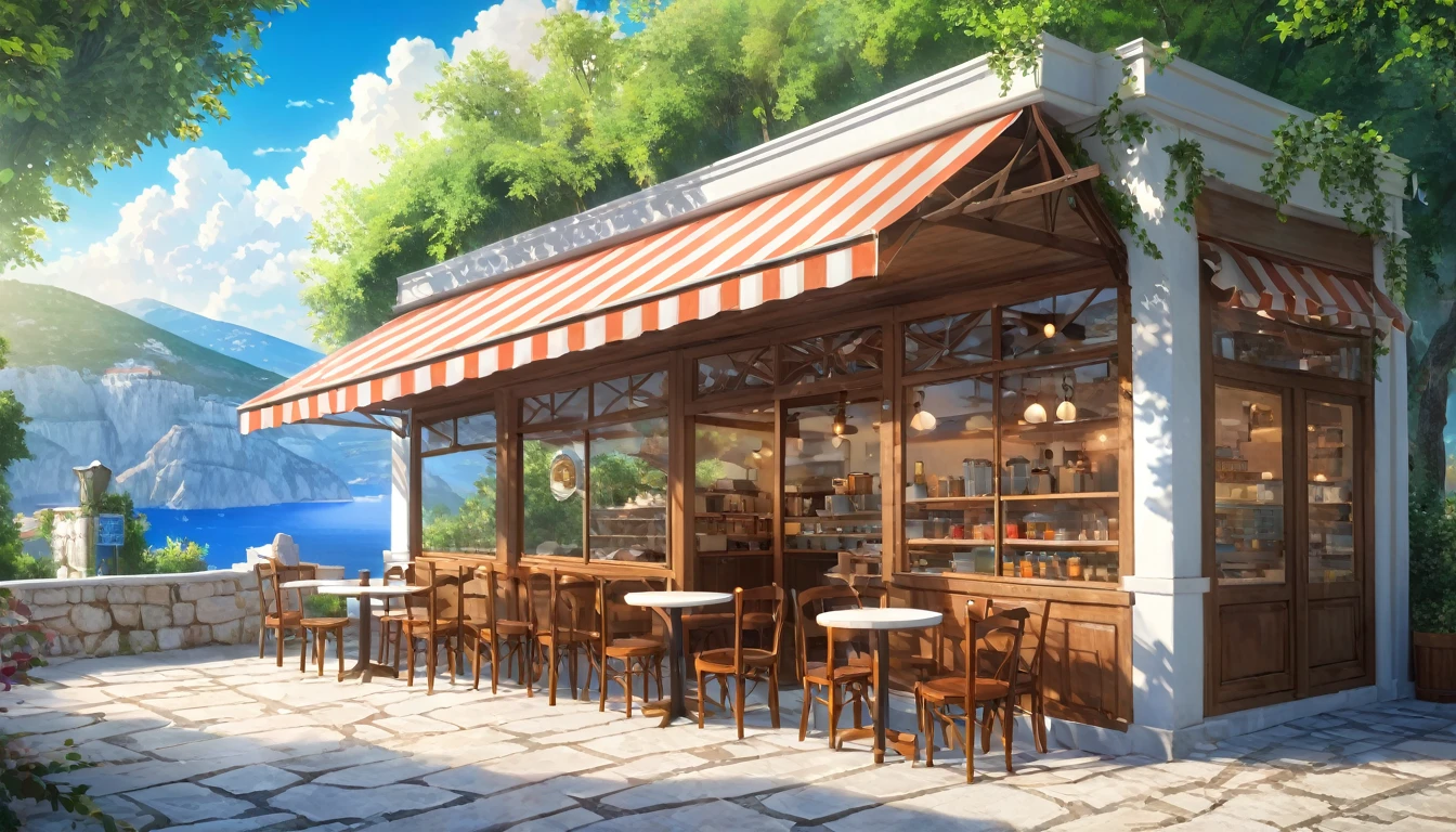 masterpiece, Highest quality, Super detailed, Cafe in the forest, scenery, over the counter, Greece, cloud, Outdoor, null, street,building, Realistic