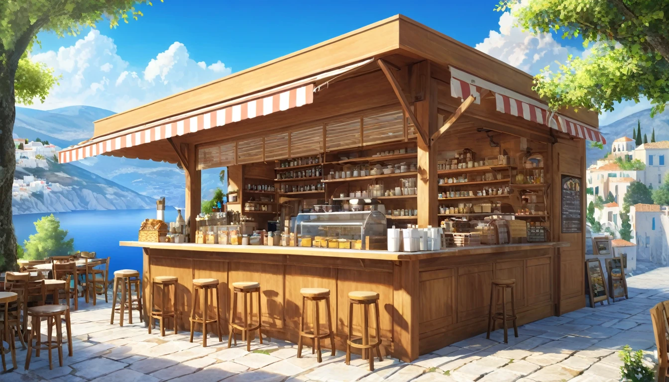masterpiece, Highest quality, Super detailed, Cafe in the forest, scenery, over the counter, Greece, cloud, Outdoor, null, street,building, Realistic