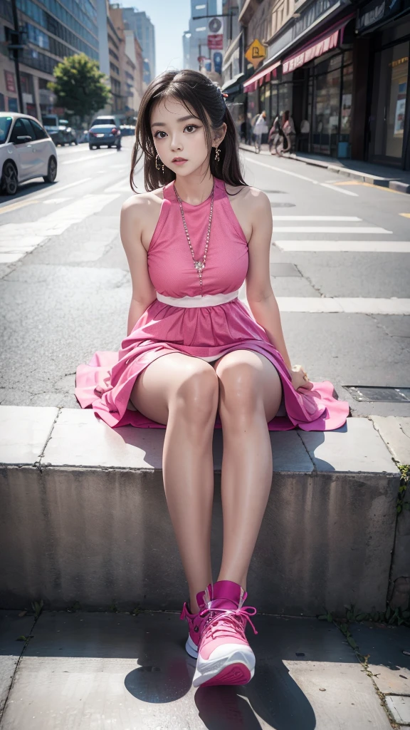 Girl in colorful dress，(Look up:1.5)，athletic sneakers，Shallow space，Urban architectural background，Sit Pose，Best quality, Masterpiece, 8K，depth of fields