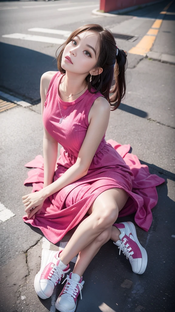 Girl in colorful dress，(Look up:1.5)，athletic sneakers，Shallow space，Urban architectural background，Sit Pose，Best quality, Masterpiece, 8K，depth of fields