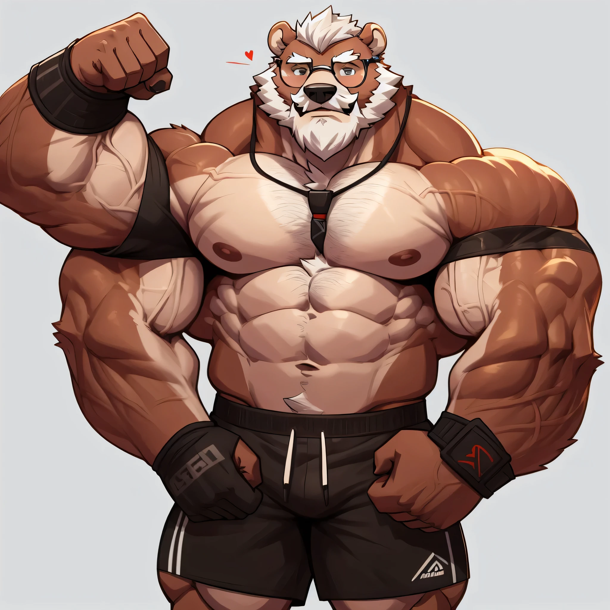 solo, 1boy, Huge Muscular Old Grizzly Bear wearing glasses , pectoral, huge pectoral, wide pectoral, short white hair, short pants, black wristbands, armband heart rate Monitor and shirtless, bearded, Mustache, simple background, masterpiece, high detailed, 8k, high resolution, at the gym, flexes his huge bulging muscles, veins popping