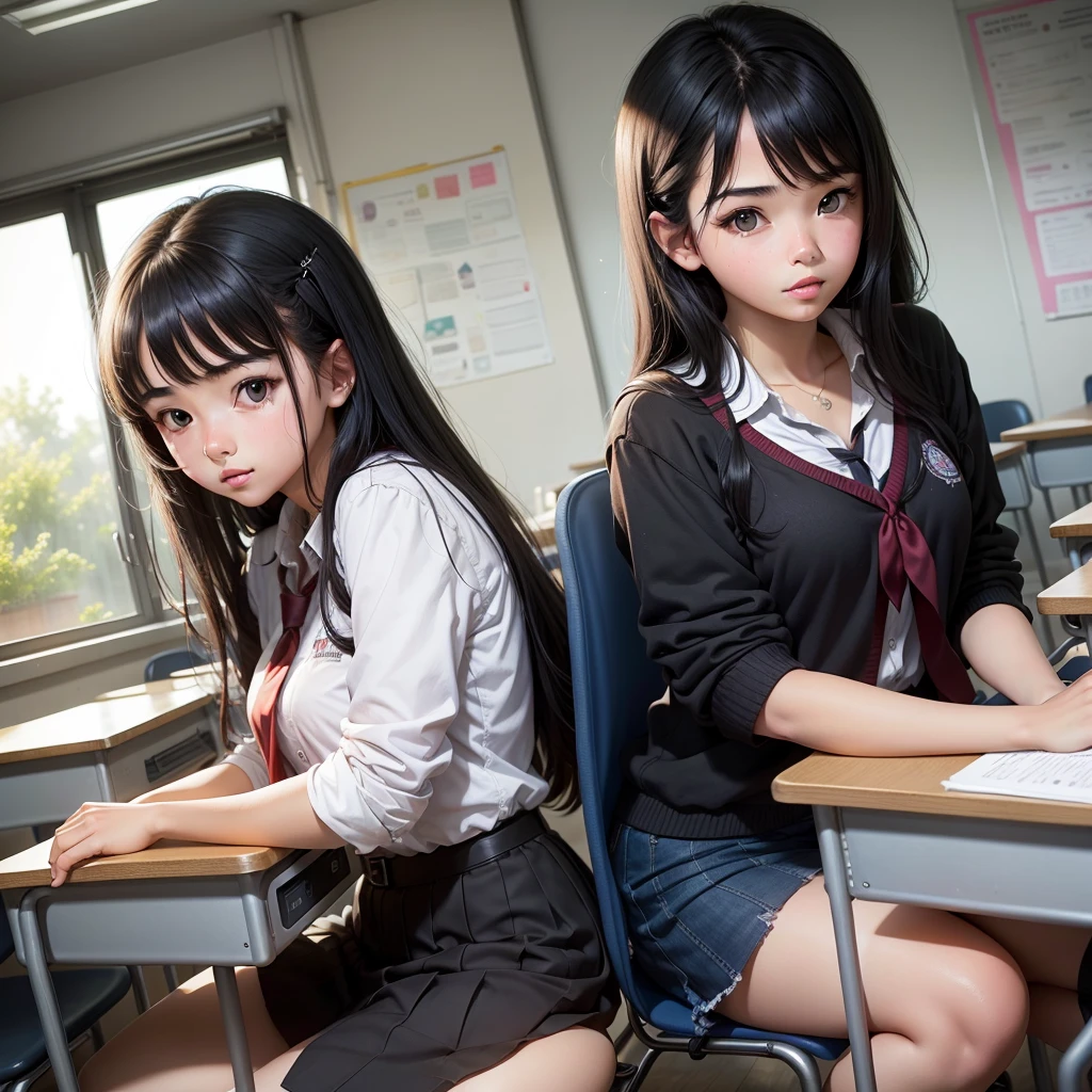 1giel, high school girl, Black Hair,classroom,blackboad,desk,chair,windows,,black hair, 