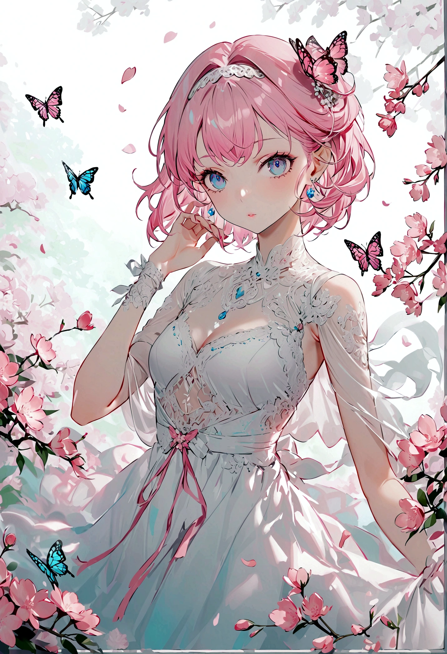 (CG unity 8千 wallpaper extremely detailed) (Better quality) (Better lighting) (an extremely delicate and beautiful) (floating) (beautiful) (The breath of spring) (1 Girl) (Pink long hair), (Hair Headband), (detailed and beautiful blue eyes), ((Very short white dress, pink Lace underside), (Lace), ((Light transparent silk))), (Cherry blossom petals), (Butterfly),Textured Skin, High Detail, high resolution, 8K
