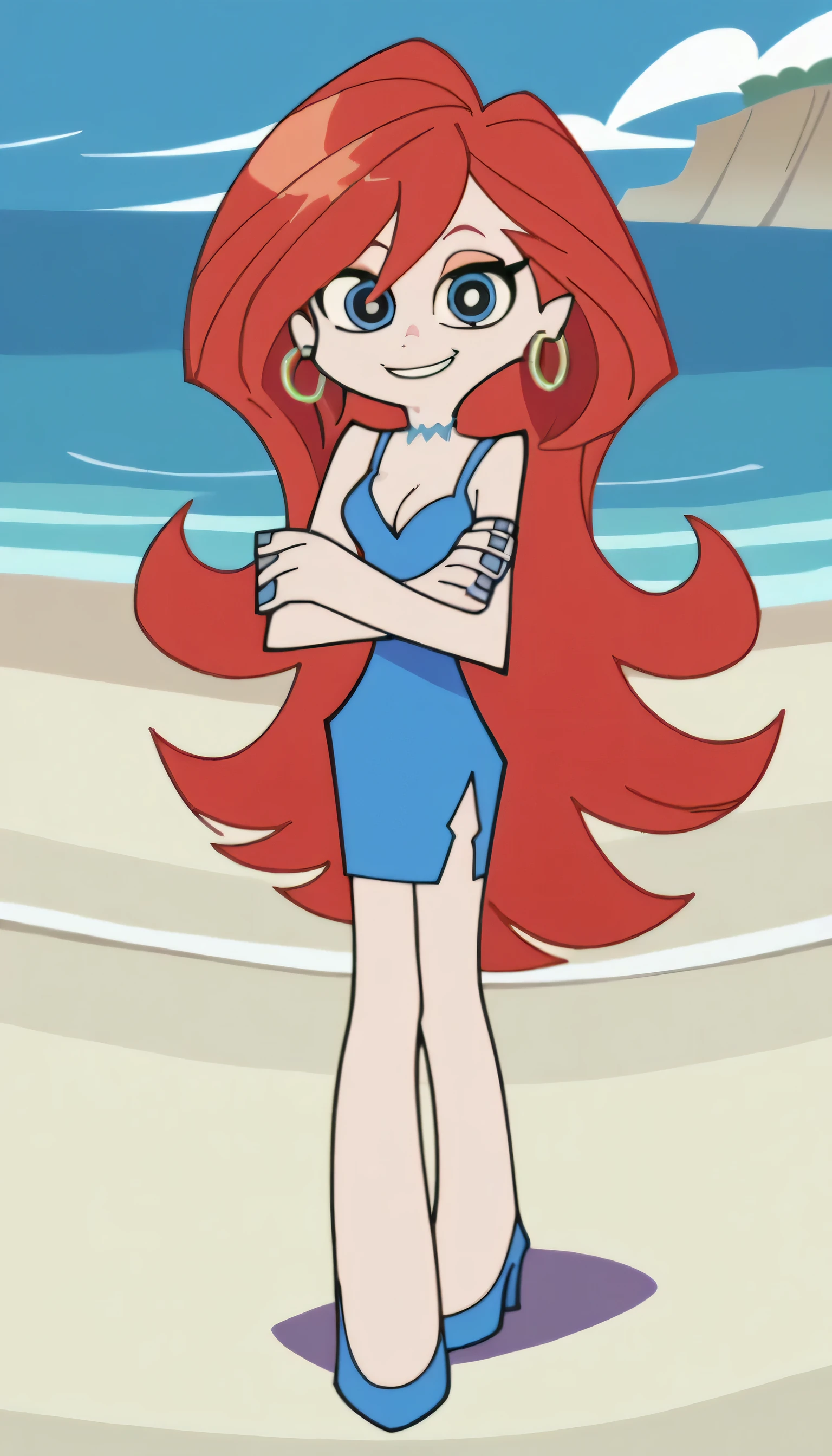 p&s style, rating_safe, score_10, sharp, anime screencap, flat shadows, flat colors, chelsea, 1girl, choker, smile, jewelry, very long red hair, standing, earrings, blue eyes, blue nails, white skin girl, little blue dress, short blue dress, cleavage, hoop earrings, beach background, ocean, blue skies, cowboy shot, blue high heels, Looking at viewers