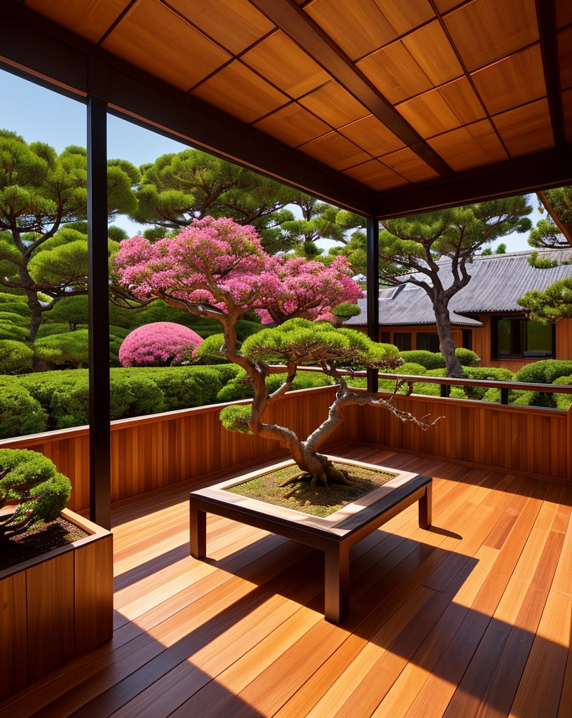 a black tiled roof house, a wooden ceiling, luxury style, a large deck, a bonsai tree, realistic, professional, vivid colors, soft lighting, detailed trees, a colorful garden, a gentle breeze, vibrant hues
