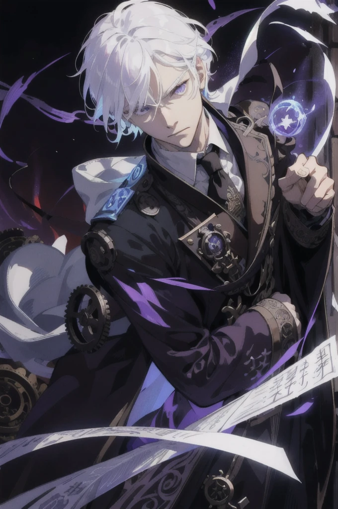 masterpiece, best quality, 1 male, adult, tall muscular, handsome, finely detailed eyes, intricate details, white hair, (style-swirlmagic:1.0), looking down, 独奏, upper body, detailed background, detailed face, (Steampunk Theme:1.1) evil sorcerer, color magical robes, determined expression, purple color scheme, dark crimson light, summoning circle, bookshelves, glowing magical runes, dark atmosphere, shadows, realistic lighting, floating particles, sparks, surrounded by blue lightning red arcane symbols, corrupted by eldritch power, bloom, Gentle atmosphere, Prince