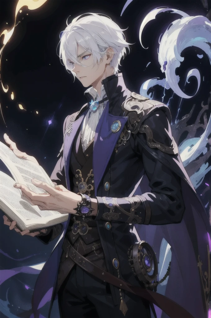 masterpiece, best quality, 1 male, adult, tall muscular, handsome, finely detailed eyes, intricate details, white hair, (style-swirlmagic:1.0),  looking down, 独奏, upper body, detailed background, detailed face, (Steampunk Theme:1.1) evil sorcerer,  color magical robes, determined expression, purple color scheme, dark crimson light, summoning circle, bookshelves, glowing magical runes,  dark atmosphere, shadows, realistic lighting, floating particles, sparks, surrounded by blue lightning red arcane symbols, corrupted by eldritch power,  bloom, Gentle atmosphere, Prince
