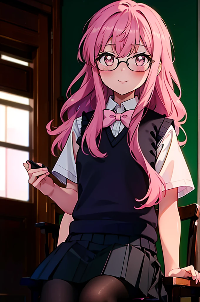 {{masterpiece}},{{Highest quality}},{{High resolution}},{{Caustics}},{{Familiar}},blush,
 smile,Louise Françoise Le Brun de La Valliere,Akabuchi Glasses Pink Hair,Pink Eyes, 黒break skirt, shirt, bow, ribbon, , white shirt, Short sleeve, Pleated skirt, collared shirt, , bowtie, 黒いloafers , Black Skirt, Black pantyhose, loafers, green bow, (pink sweater vest:1.5),,classroom,Sit on a chair,whole body,(Cowboy Shot:1. 5),break (masterpiece:1.2), Highest quality, High resolution, unity 8k wallpaper, (shape:0.8), (Fine and beautiful eyes:1.6), Highly detailed face, Perfect lighting, Highly detailed CG, (Perfect hands, Perfect ),