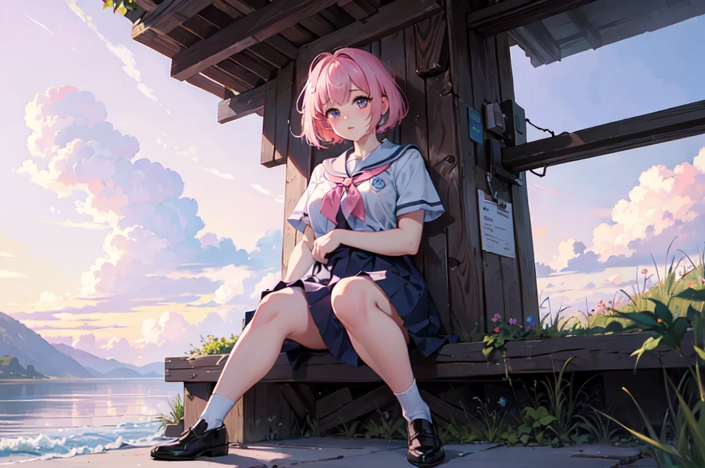 ((Highest quality)), ((masterpiece)), (detailed), From below, Pink Bob Hair, Beautiful school girl, Plump breasts, , Sitting on the shore, Spread your legs, View your viewers, beautiful pink sky and clouds,