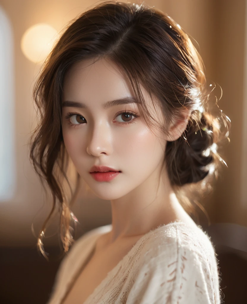 1 girl, masterpiece, ultra-high resolution, depth of field, bokeh, shallow depth of field, background blurring, real skin texture, romanticism, Indoor, aristocratic, fluff, Warm light,