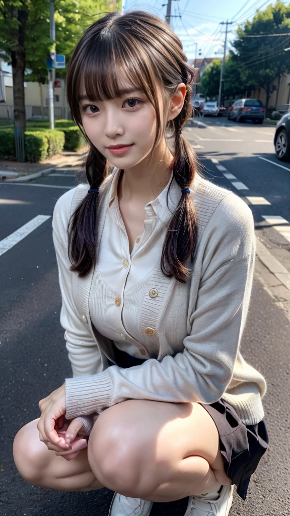 (masterpiece:1.3, top-quality, ultra high res, ultra detailed), (realistic, photorealistic:1.4), beautiful illustration, perfect lighting, natural lighting, colorful, depth of fields, ,
beautiful detailed hair, beautiful detailed face, beautiful detailed eyes, beautiful clavicle, beautiful body, beautiful chest, beautiful thigh, beautiful legs, beautiful fingers, shiny skin,
looking at viewer, 1 girl, high school girl, (perfect anatomy, anatomically correct, super detailed skin), cute and symmetrical face, babyface, perfect face, perfect eyes, slender,
(long hair:1.5, low twintails:1.5, light purple hair), swept bangs, gold eyes, drooping eyes, big eyes, long eye lasher, (medium breasts, seductive thighs), skin dendation,
(detailed cloth texture, long sleeves light brown cardigan:1.2, white collared shirt, light grey pleated skirt), white thigh-high, dark red tie,
(beautiful scenery), day time, (crosswalk:1.1), squatting, (lovely smile, upper eyes, parted lips),