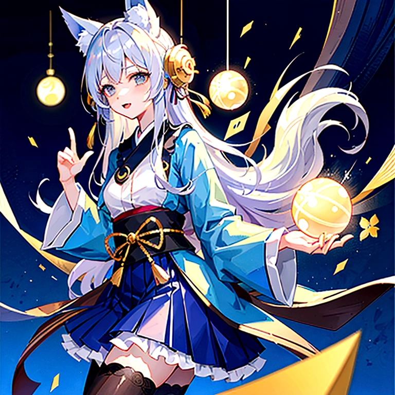 Anime Style　fox　blue　White-faced golden-haired nine-tailed fox　Coat blue　　　mysterious background　Blue Flame　girl　have a ball of light　 Light blue hair 　beast girl　indigo fur　fox beast girl　Wallpaper 4k,8k,highly detailled,,vivid colors,detailed kitsune with 9 tails,traditional Japanese artwork,tatami floor,beautiful cherry blossoms,floating lanterns,dark silhouette of a pagoda,subtle moonlight,dense forest,ethereal atmosphere,dappled sunlight,whimsical spirit,serene expression,elaborate kimono and obi,delicate hand-painted details,luminous eyes　Anime Style　fox　blue　White-faced golden-haired nine-tailed fox　Coat blue　　Anime Style　fox　blue　White-faced golden-haired nine-tailed fox　Coat blue　　　mysterious background　Blue Flame　girl　have a ball of light　mysterious background　Blue Flame　girl　have a ball of light
