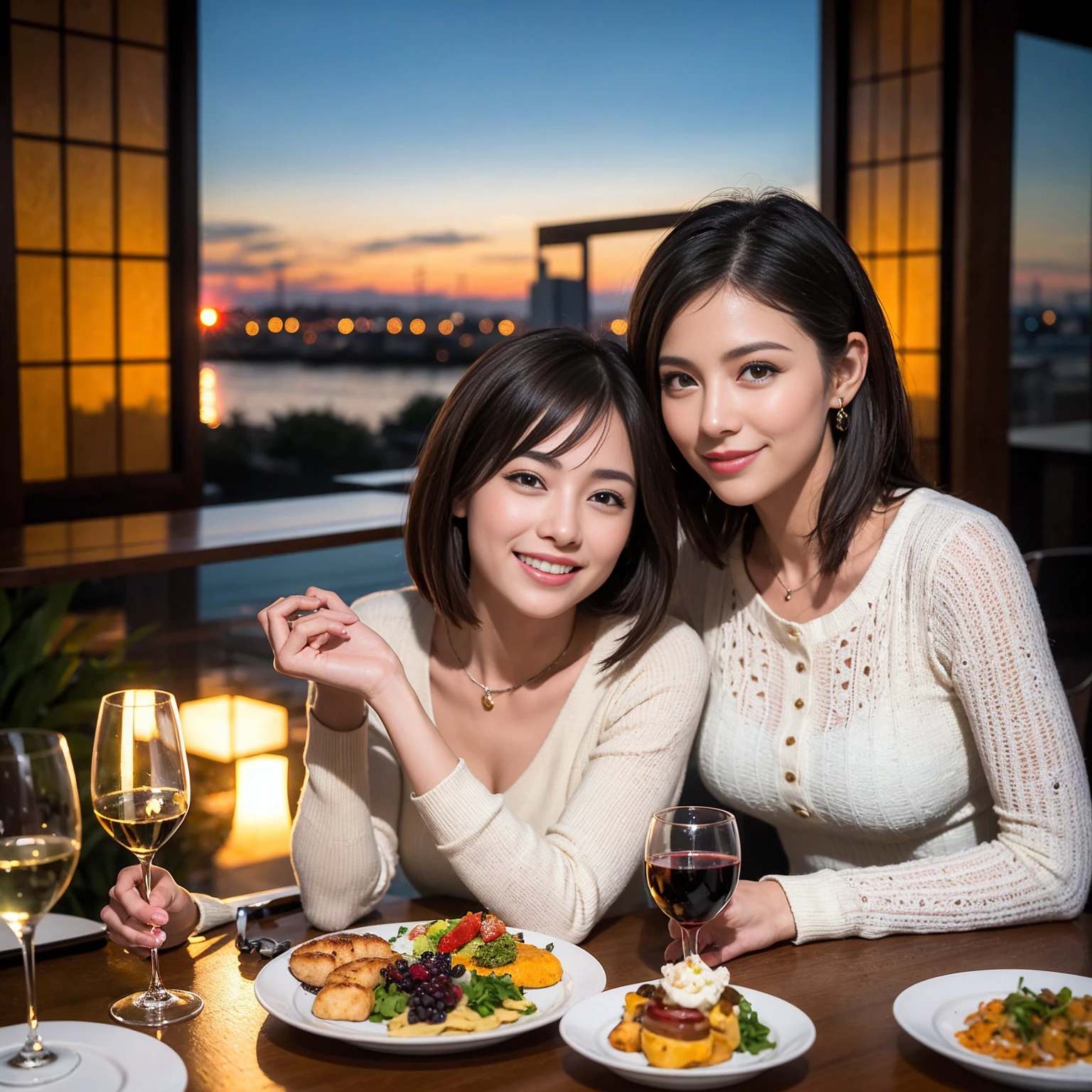 ((Highest quality、8K、masterpiece:1.3))、 (Ultra-realistic、 Genuine、Bright image、Intricate details:1.2), 最高のsmile、1 male、1 female、Beautiful couple、Love Love Love、Lovers in Yokohama、Good friends、actress couple、smile、Full-course dinner at a packed table、 (Slim face), (the body is slim), (Brown Hair), (short hair), テーブルのwine glass、Please shine a light on my face、 Amazing view of the sunset sky and clouds、 years old 39 years old, red wine 、Appetizers、Wine bottle、sparkling wine、Long sleeve shirt、dress、White wine, red wine, wine glass,