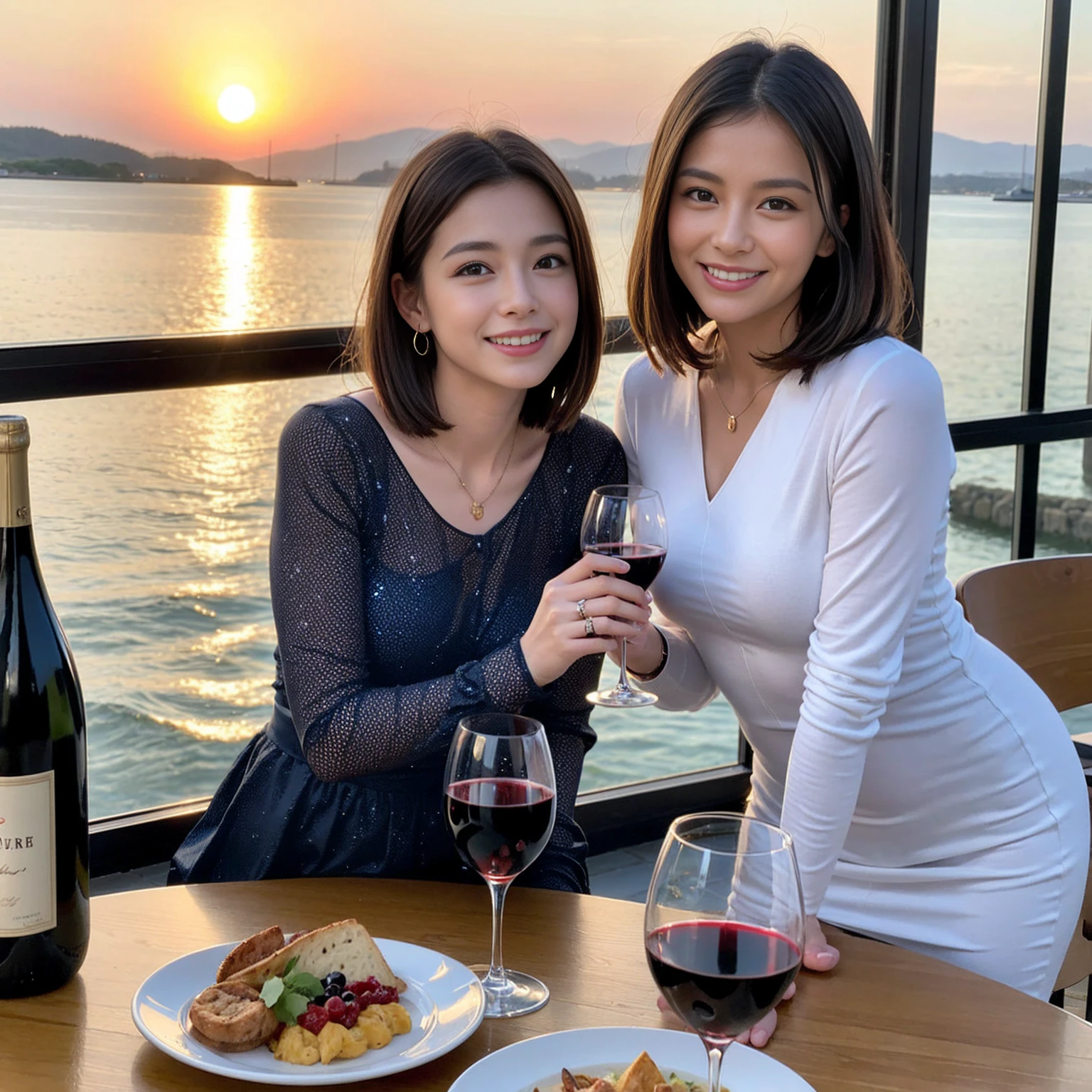 ((Highest quality、8K、masterpiece:1.3))、 (Ultra-realistic、 Genuine、Bright image、Intricate details:1.2), 最高のsmile、1 male、1 female、Beautiful couple、Love Love Love、Lovers in Yokohama、Good friends、actress couple、smile、Full-course dinner at a packed table、 (Slim face), (the body is slim), (Brown Hair), (short hair), テーブルのwine glass、Please shine a light on my face、 Amazing view of the sunset sky and clouds、 years old 39 years old, red wine 、Appetizers、Wine bottle、sparkling wine、Long sleeve shirt、dress、White wine, red wine, wine glass,