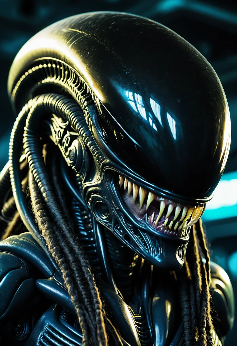 (((Extreme close-up Xenomorph Alien the eighth passenger))),(((black color))) surreal and cinematographic images Color Splash images))),(((Front Images))),(((dreadlocks)))