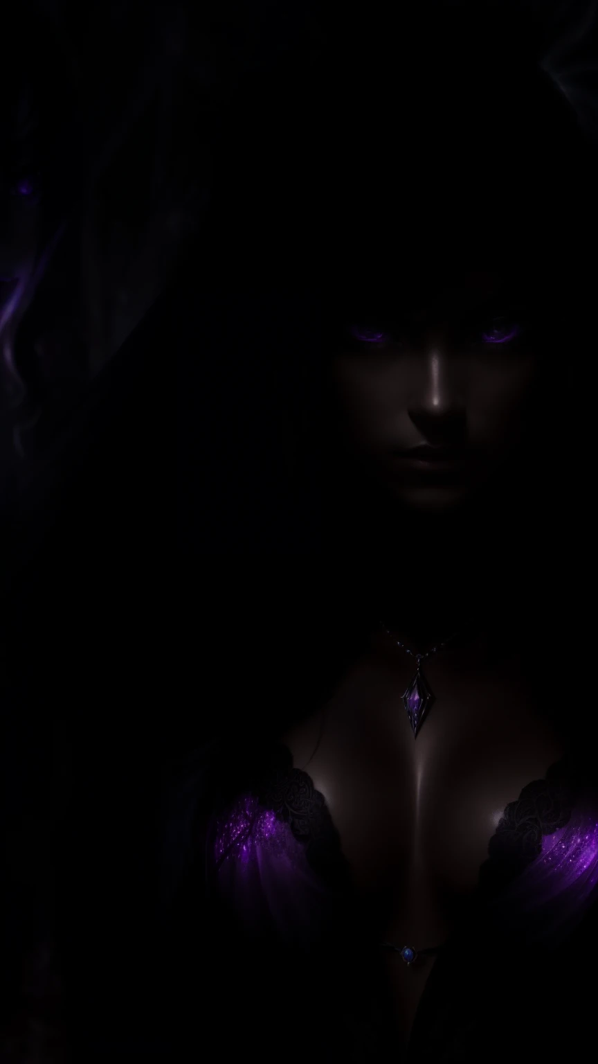 (Burning purple flame), (Pitch black, Shadowy figure), (Strong gaze), (Mysterious Aura), (Ominous Presence), (mysterious beauty),(Flowing black hair), (Intense expression), (Ethereal atmosphere),(A magnetic being), (Subtle signs of danger), (Dramatic lighting), (Intricate details of her face), (Clear skin), (Luminous tattoo),(A mysterious energy surrounds her), (Smoky Vines), Big Breasts, (Black Satin Panties), (See-through), (Silver Jewelry), (Sparkling amethyst necklace),(Ominous background), (A faint whisper in the air), (Eerie silence), (Sinking into darkness),(Invisible Forces), (Casting a Spell), (Controlling Shadows), (Magical Power), (superpower), (Captivating beauty),(Intense and captivating), (Powerful aura), (Mythical witch), (Bewitching Presence), (Engage your audience), (Hauntingly beautiful),(Contrast of light and dark), (Mystical elements), (Mysterious glow), (Purple World), (Hypnotic and surreal),(masterpiece:1.2), (Super detailed),(Realistic,photoRealistic,photo-Realistic:1.37)