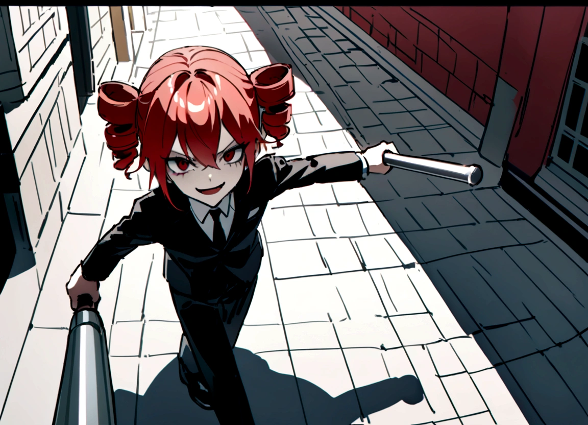 Red hair、Black suit、Black slacks、Wearing leather shoes、holding a silver metal baseball bat、Scary smile、In town、Daytime