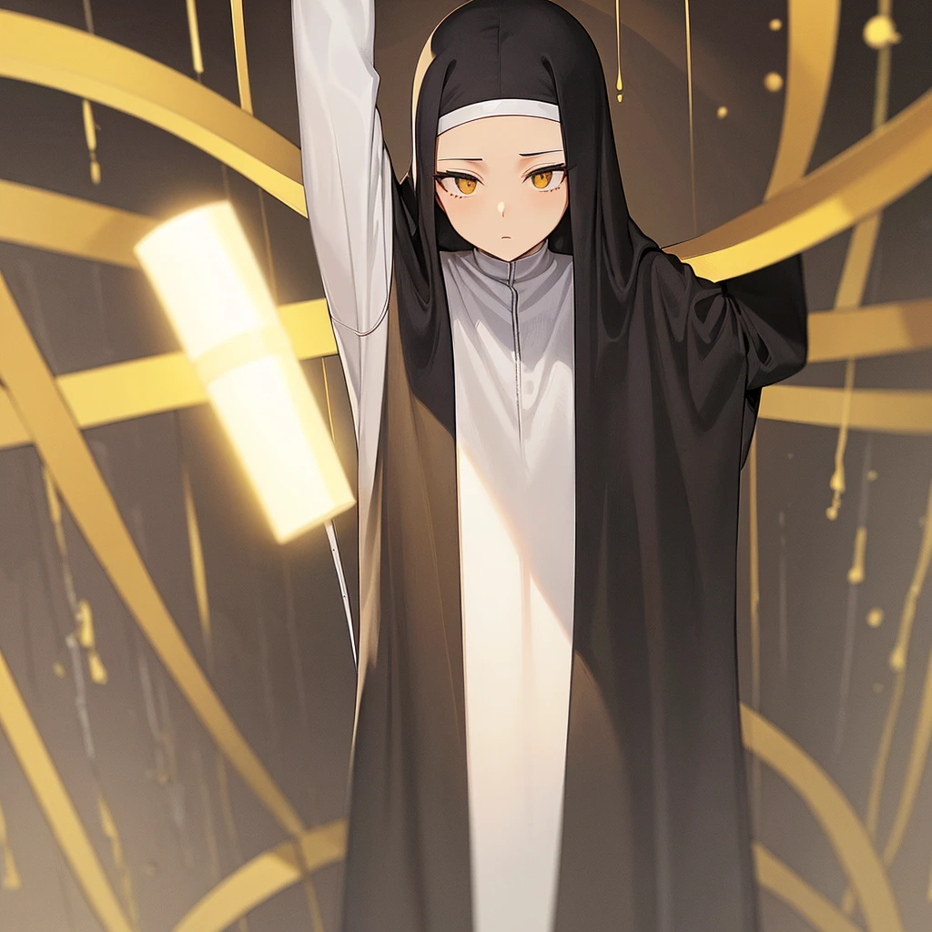 The Nun, black Nun clothes, huge waists, solo, (yellow skin tone:1.2),
