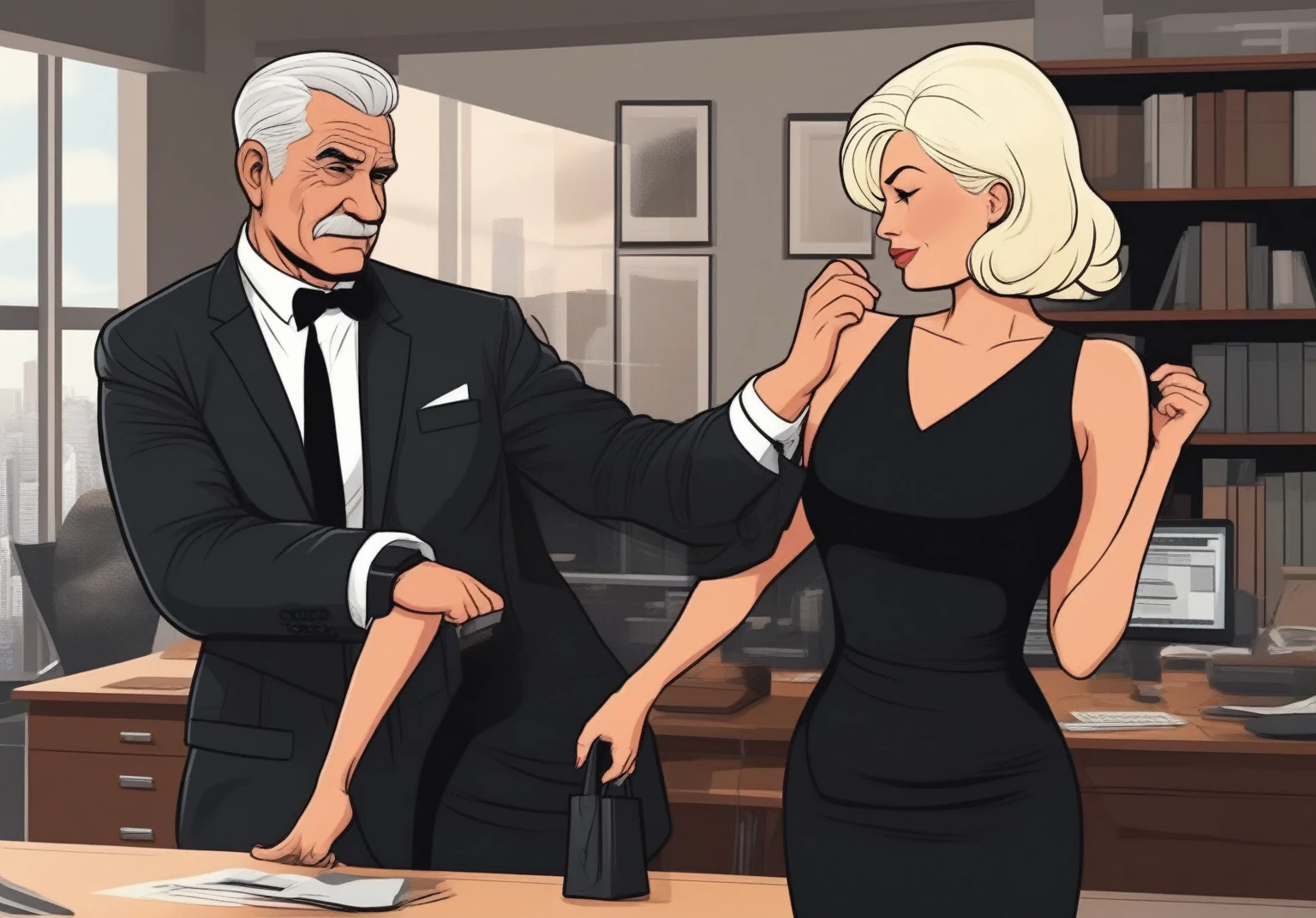  1 old man, fat, happy, mafia boss, 45 years old, black expensive suite, white short hair, holding the hand of his hair blond wife in black dress, in his office as she looks away, face to face, side view