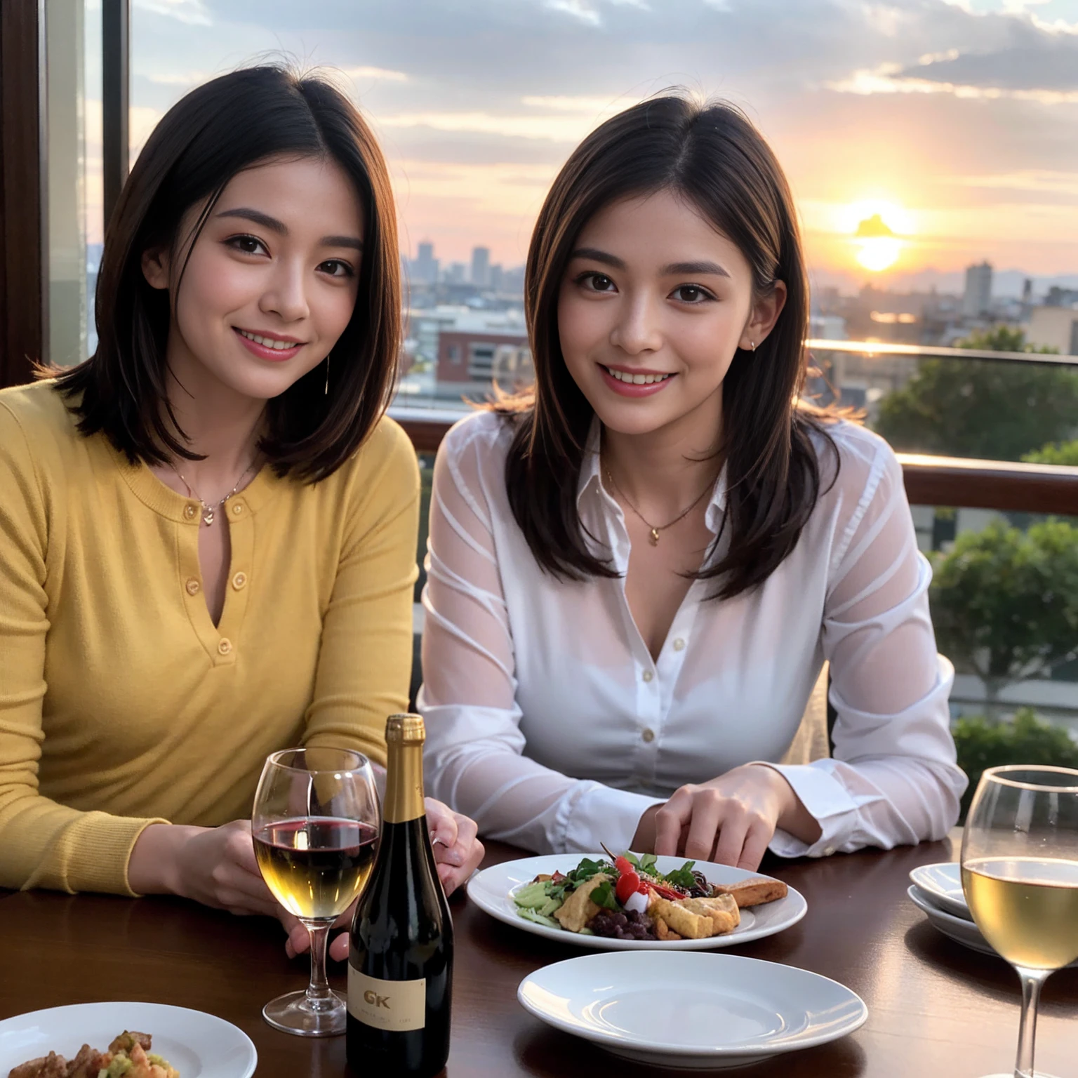 ((Highest quality、8K、masterpiece:1.3))、 (Ultra-realistic、 Genuine、Bright image、Intricate details:1.2), 最高のsmile、1 male 1 female、Beautiful couple、Lovey-dovey lovers、Happy Yokohama Lovers、Good friends、actress couple、smile、Full-course dinner at a packed table、 (Slim face), (the body is slim), (Brown Hair), (short hair), テーブルのwine glass、Please shine a light on my face、 Amazing view of the sunset sky and clouds、 years old 39 years old, red wine 、Appetizers、Wine bottle、sparkling wine、Long sleeve shirt、dress、White wine, red wine, wine glass,