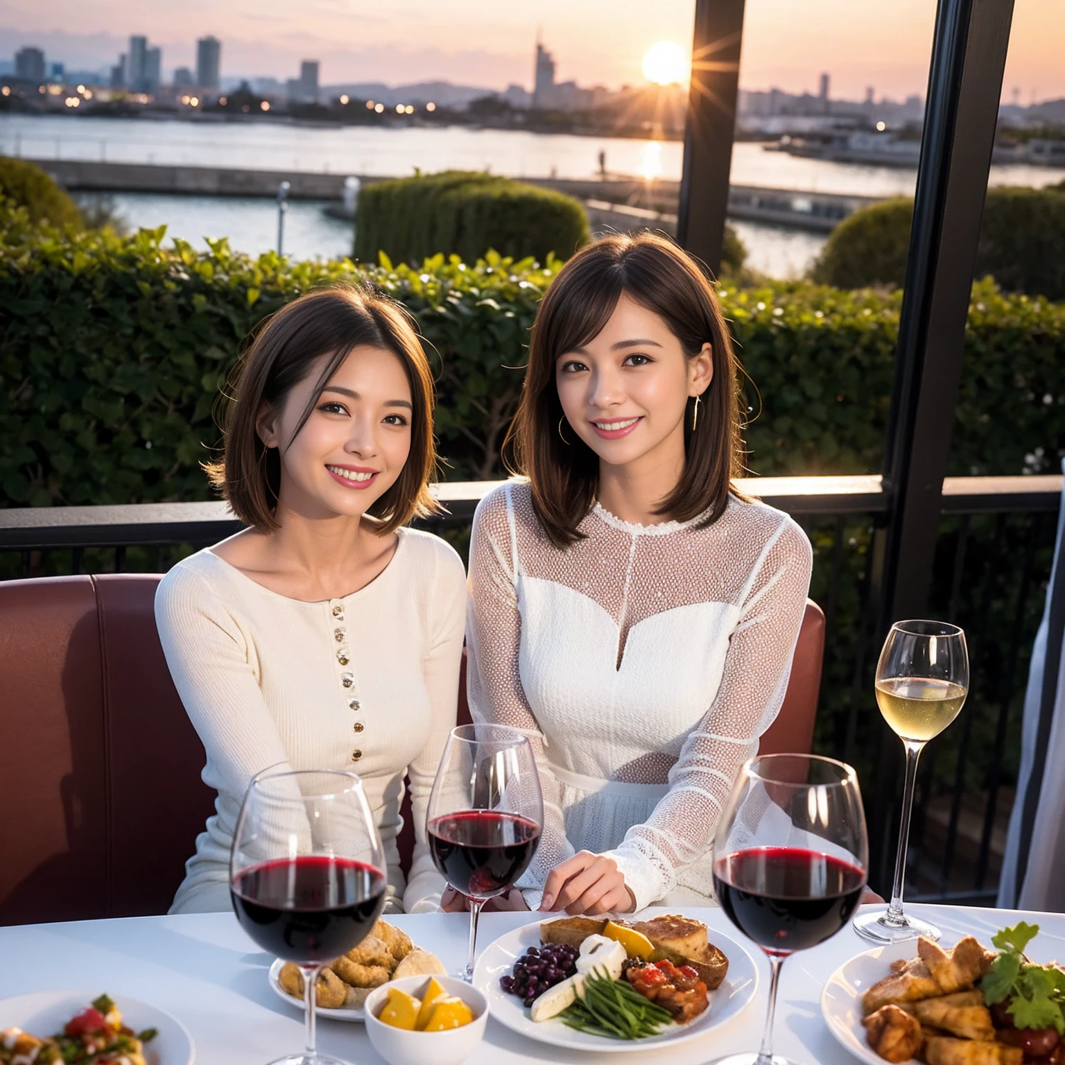 ((Highest quality、8K、masterpiece:1.3))、 (Ultra-realistic、 Genuine、Bright image、Intricate details:1.2), 最高のsmile、1 male 1 female、Beautiful couple、Lovey-dovey lovers、Happy Yokohama Lovers、Good friends、actress couple、smile、Full-course dinner at a packed table、 (Slim face), (the body is slim), (Brown Hair), (short hair), テーブルのwine glass、Please shine a light on my face、 Amazing view of the sunset sky and clouds、 years old 39 years old, red wine 、Appetizers、Wine bottle、sparkling wine、Long sleeve shirt、dress、White wine, red wine, wine glass, 