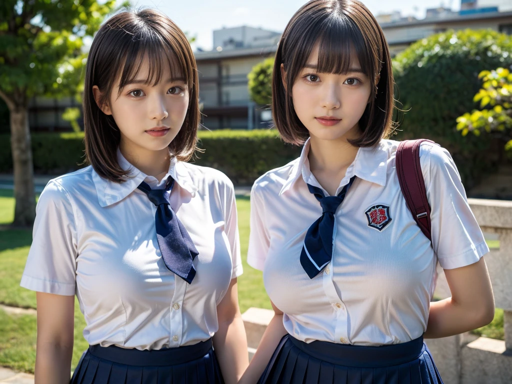 (RAW photo, 4k, masterpiece, high resolution, extremely complex) (realistic: 1.4), cinematic lighting
((2 girls, 2 schoolgirls)),Slam Dunk's,blushing,((innocent)),bright eyes,round eyes,blunt bangs,(short bob hair:1.3),black hair,large breasts,wide hips,Summer Noon, ,Hot, (Best Quality), (Highres), (an Extremely Delicate and Beautiful),(Beautiful 8k face),(Brown eyes),( spectators),(gigantic breasts),(Play with each other,Touching each other's bodies,Touching the body),(Japanese high school uniform:1.3),blue skirt,(reality),bright lighting,(The background is a luxury hotel room)