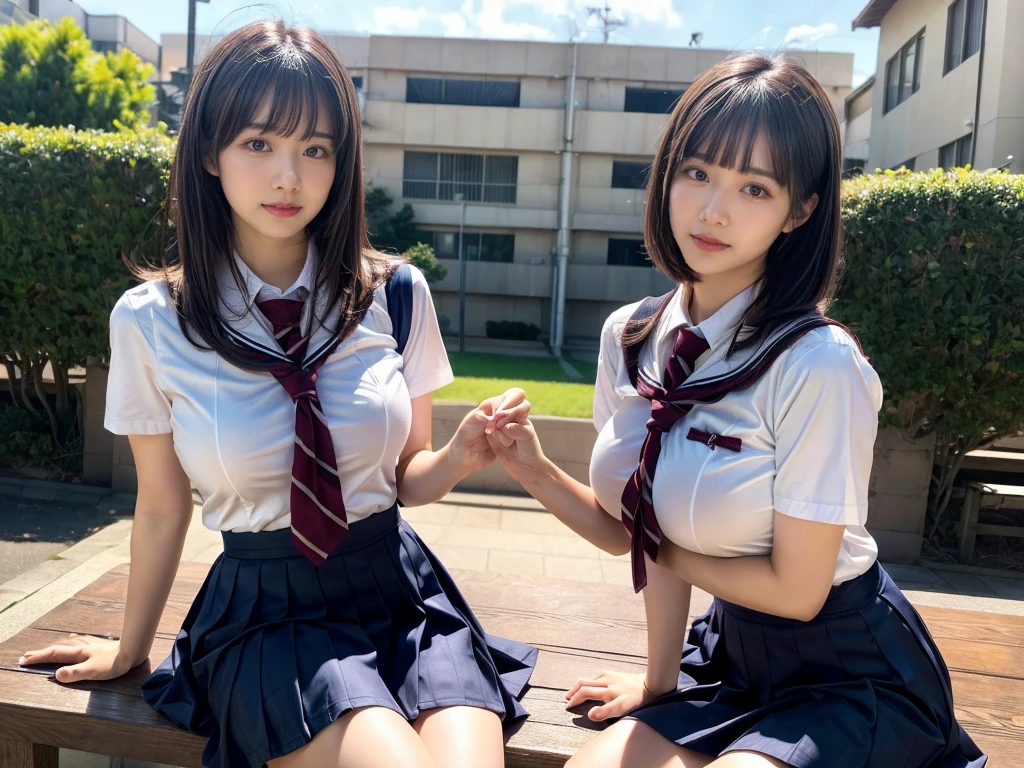 (RAW photo, 4k, masterpiece, high resolution, extremely complex) (realistic: 1.4), cinematic lighting
 ((2 girls, 2 schoolgirls)),Slam Dunk's,blushing,((innocent)),bright eyes,round eyes,blunt bangs,(short bob hair:1.3),black hair,large breasts,wide hips,Summer Noon, ,Hot, (Best Quality), (Highres), (an Extremely Delicate and Beautiful),(Beautiful 8k face),(Brown eyes),( spectators),(gigantic breasts),(Play with each other,Touching each other's bodies,Touching the body),(Japanese high school uniform:1.3),blue skirt,(reality),bright lighting,(The background is a luxury hotel room)