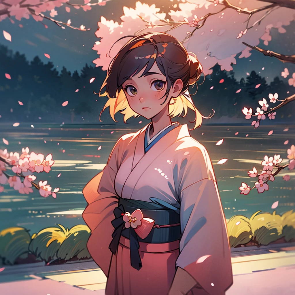 (best quality, masterpiece, detailed), 1 female, kimono, landscape,Cherry blossoms,Sunlight,warmth